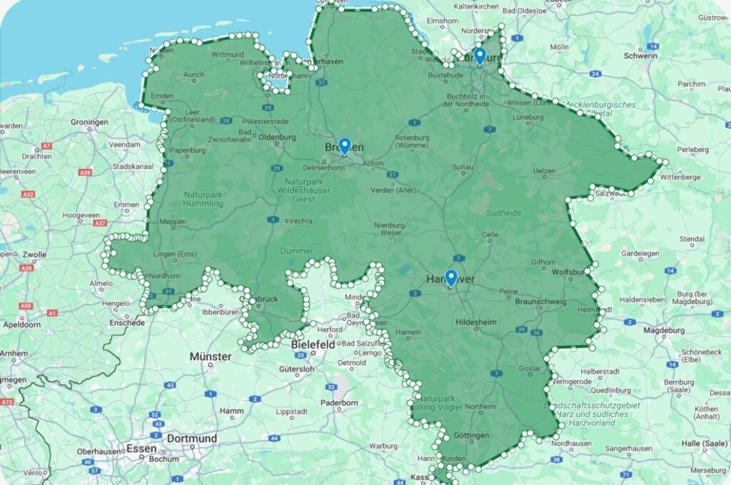 Karte des Einsatzgebiets: Niedersachsen, Hamburg und Bremen